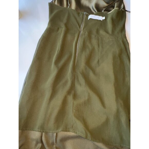 ASTR Satin Olive Green Midi Dress With Ruched Side Slit Adjustable Straps Size M - Picture 6 of 9